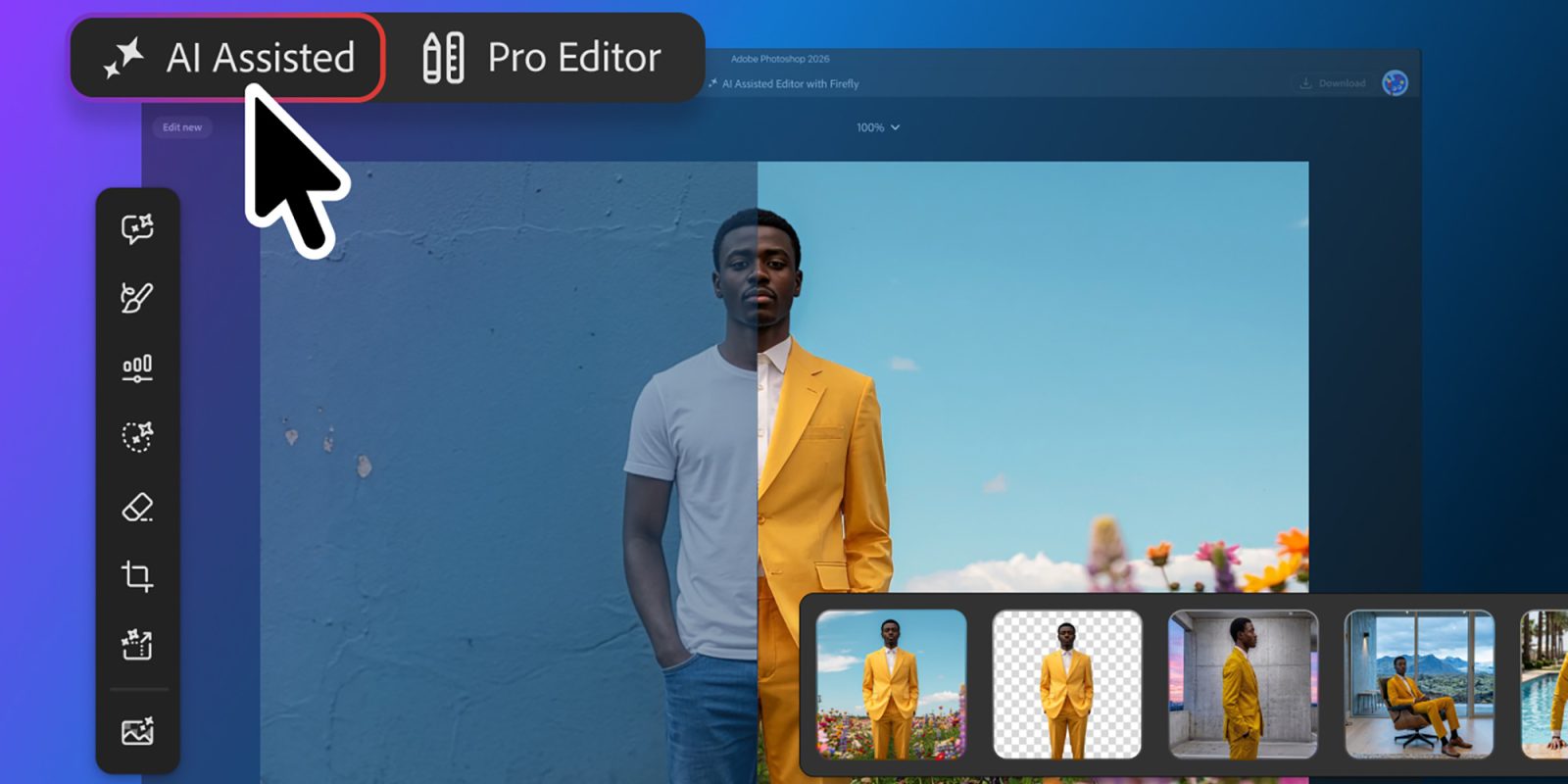 Giao diện AI Assisted Editor trên Adobe Photoshop beta