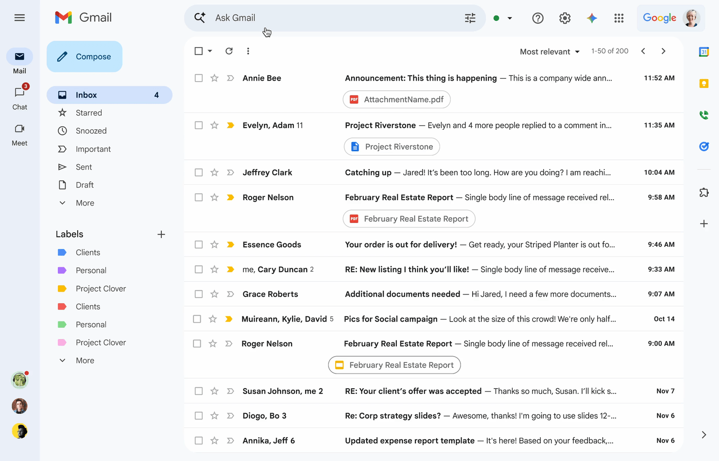 Ảnh động mô phỏng tính năng AI Overviews trong thanh tìm kiếm Gmail của Google