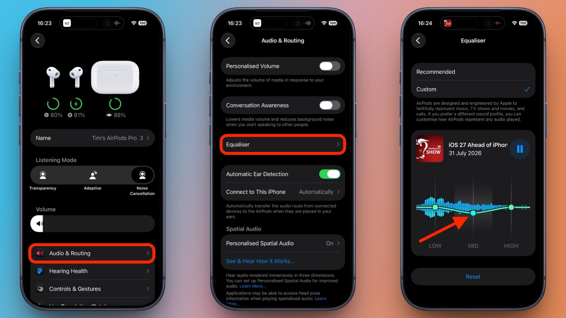 Giao dien cai dat tuy chinh Equalizer 3 dai Low Mid High cho AirPods tren iOS 27