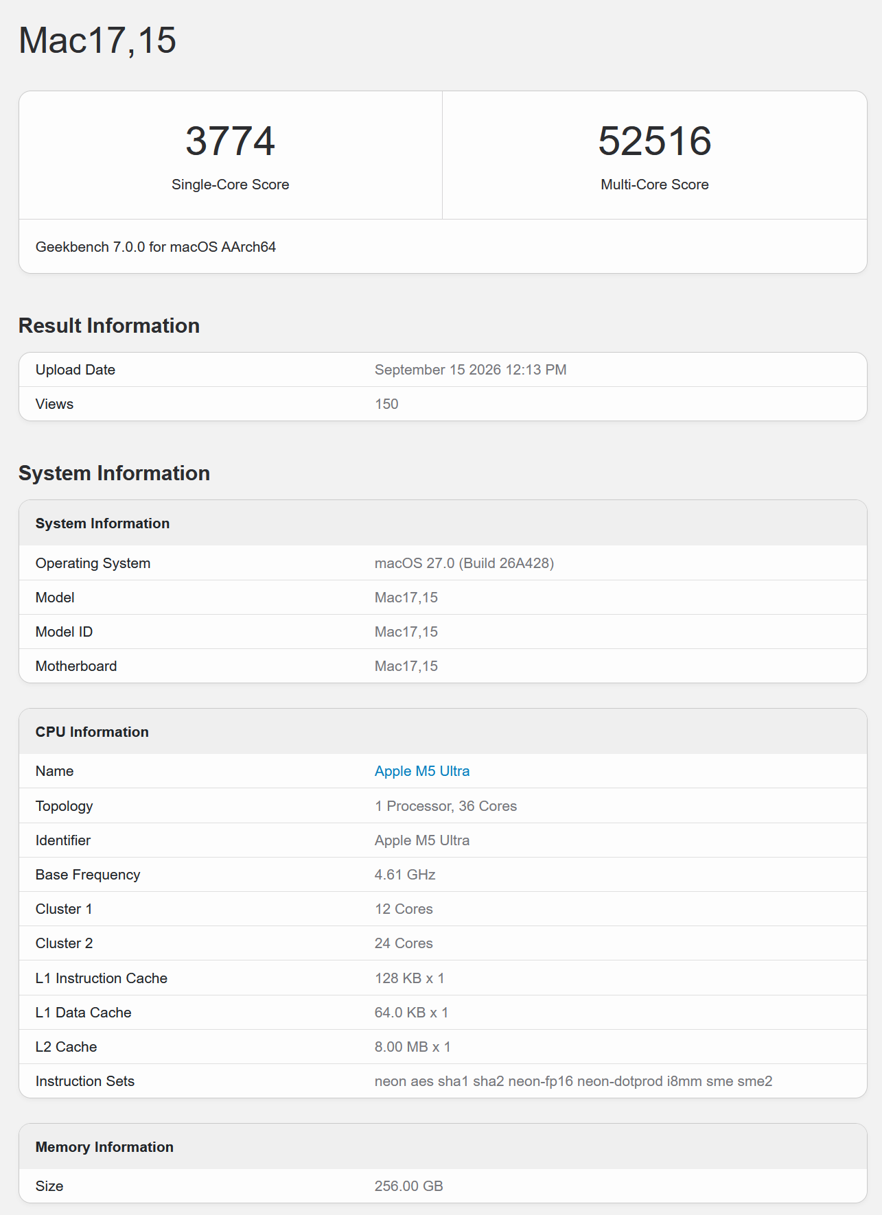 Bảng điểm Geekbench 7 của Apple M5 Ultra