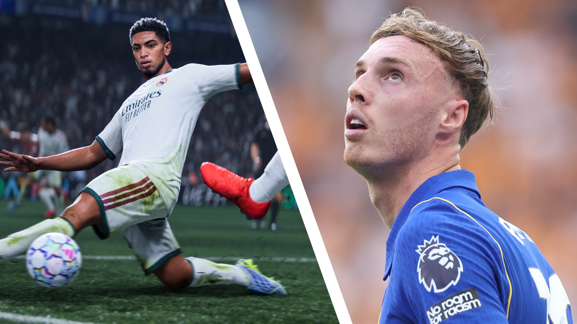 Cole Palmer trong màu áo Chelsea và hình ảnh game bóng đá EA Sports FC