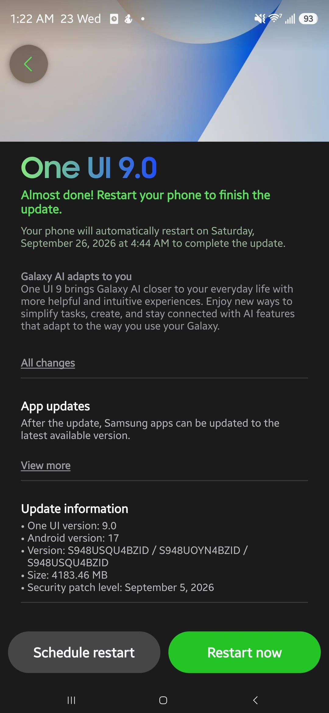 Ảnh chụp màn hình thông báo cập nhật One UI 9 dung lượng 4.1GB trên Galaxy S26 Ultra