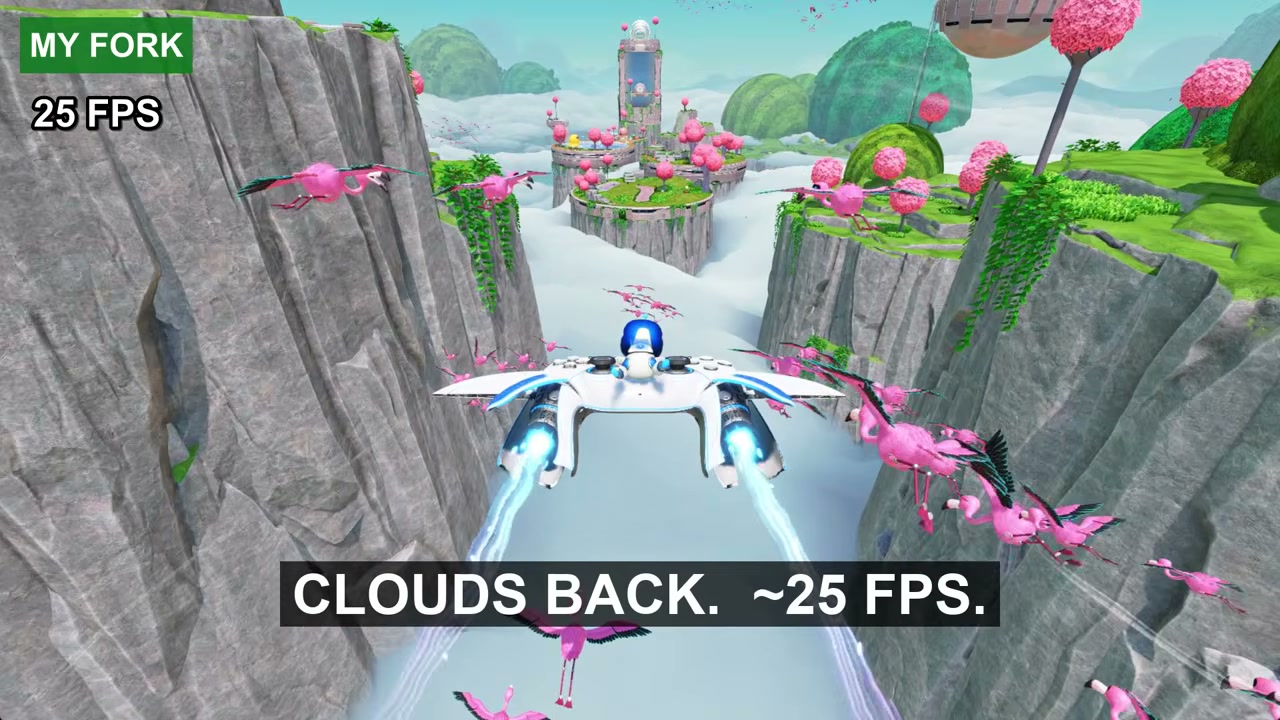 Astro Bot bay vào Sky Garden trên bản fork KyTyPS5, hiển thị khoảng 25 FPS và tầng mây đã xuất hiện