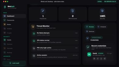 Giao diện BlindLock Security Manager với bảng theo dõi mật khẩu và bảo mật.