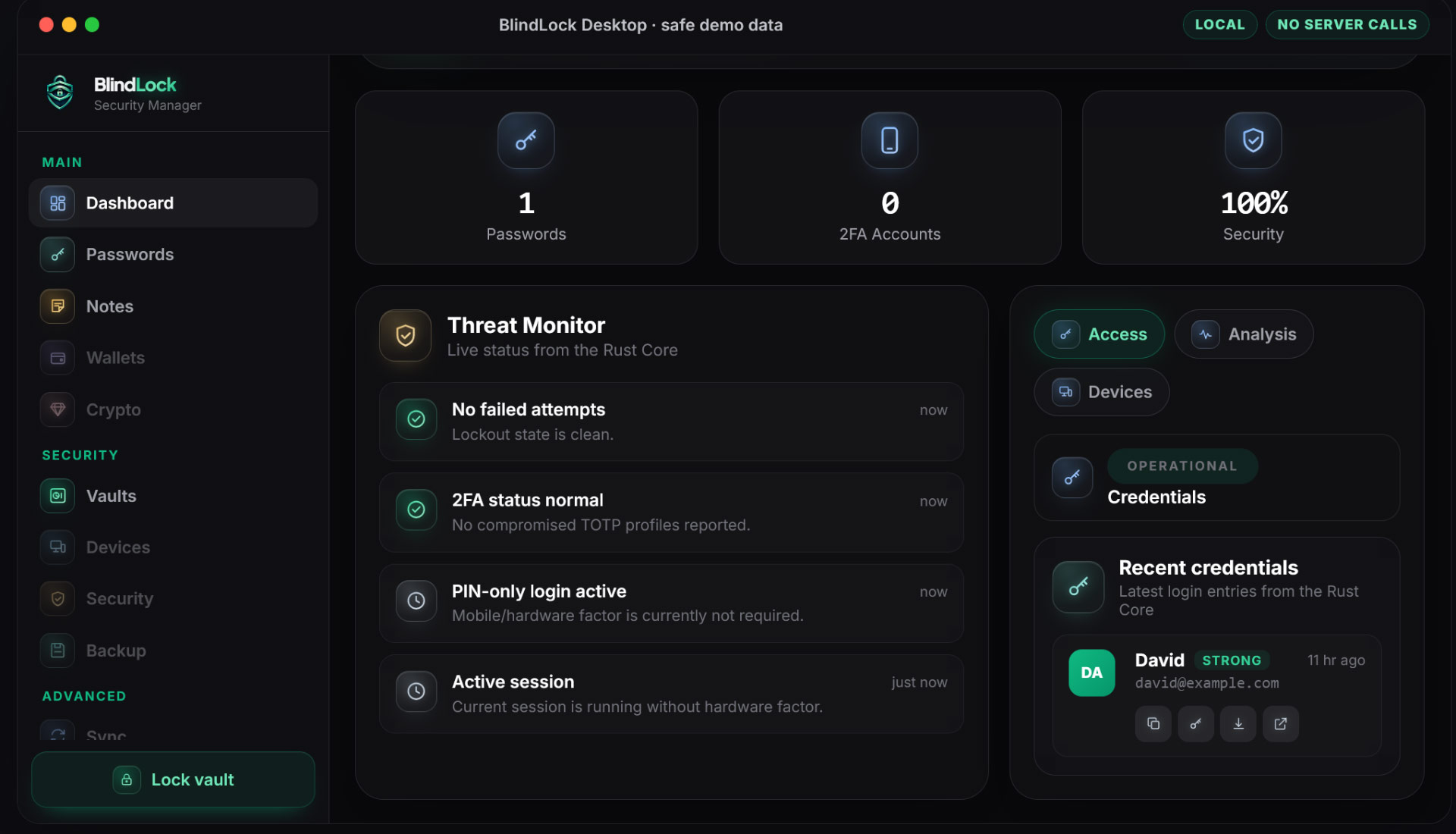 Giao diện BlindLock Security Manager với bảng theo dõi mật khẩu và bảo mật.