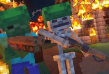 Zombie và skeleton cầm súng trong một ngôi làng Minecraft đang cháy