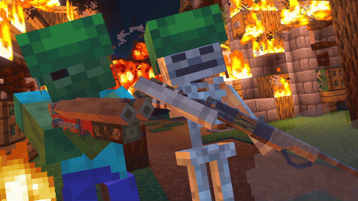 Zombie và skeleton cầm súng trong một ngôi làng Minecraft đang cháy