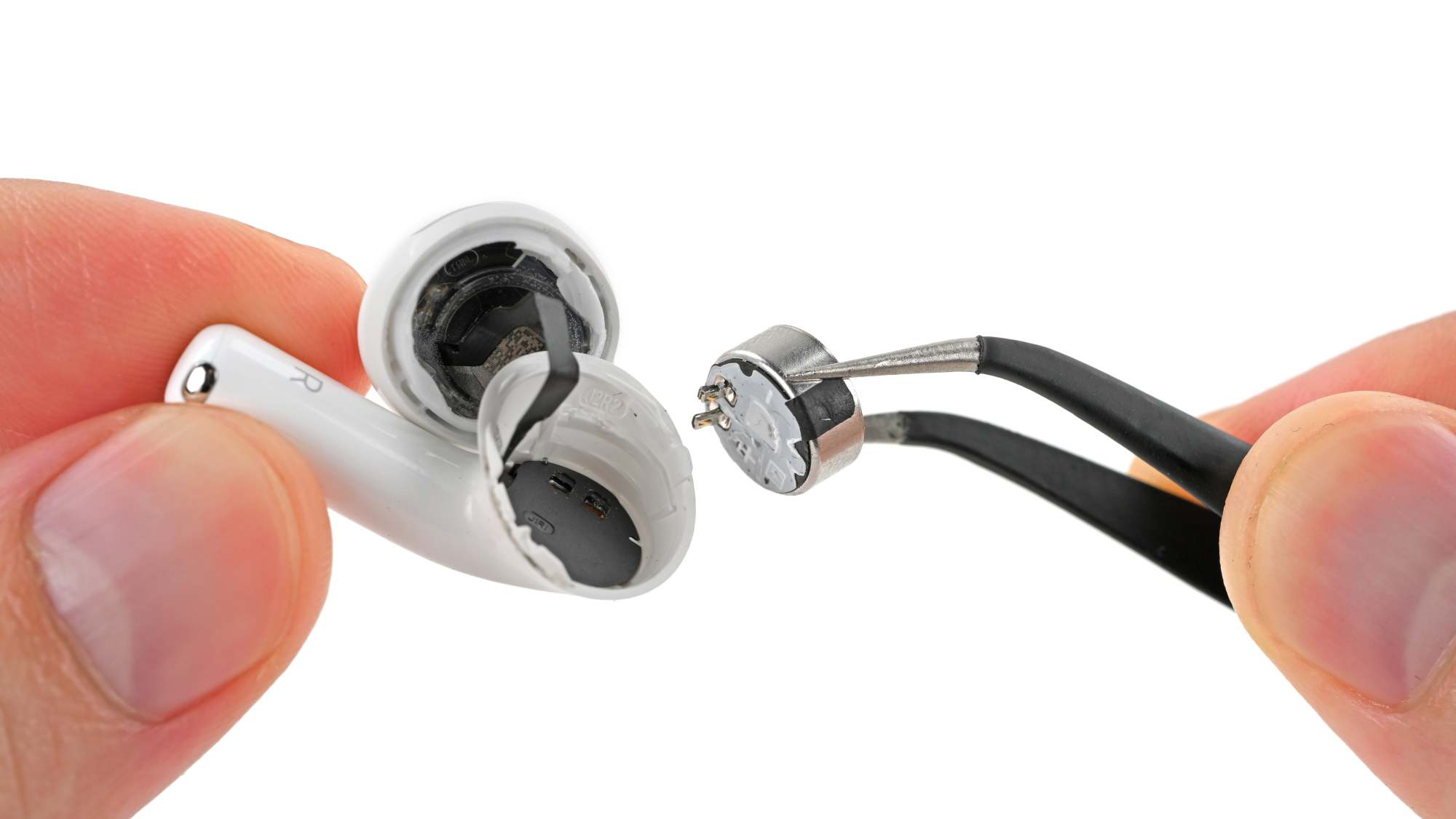 Cặp pin tháo rời của tai nghe AirPods 5 trái và phải với chân tiếp xúc kim loại