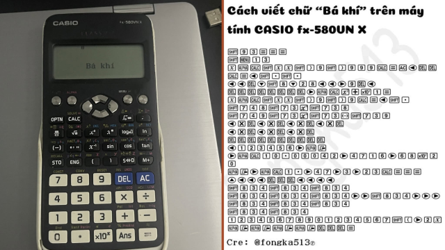Casio fx-580VN X hiển thị “Bá khí” cạnh bảng tổ hợp phím do CTV @fongka513 cung cấp.
