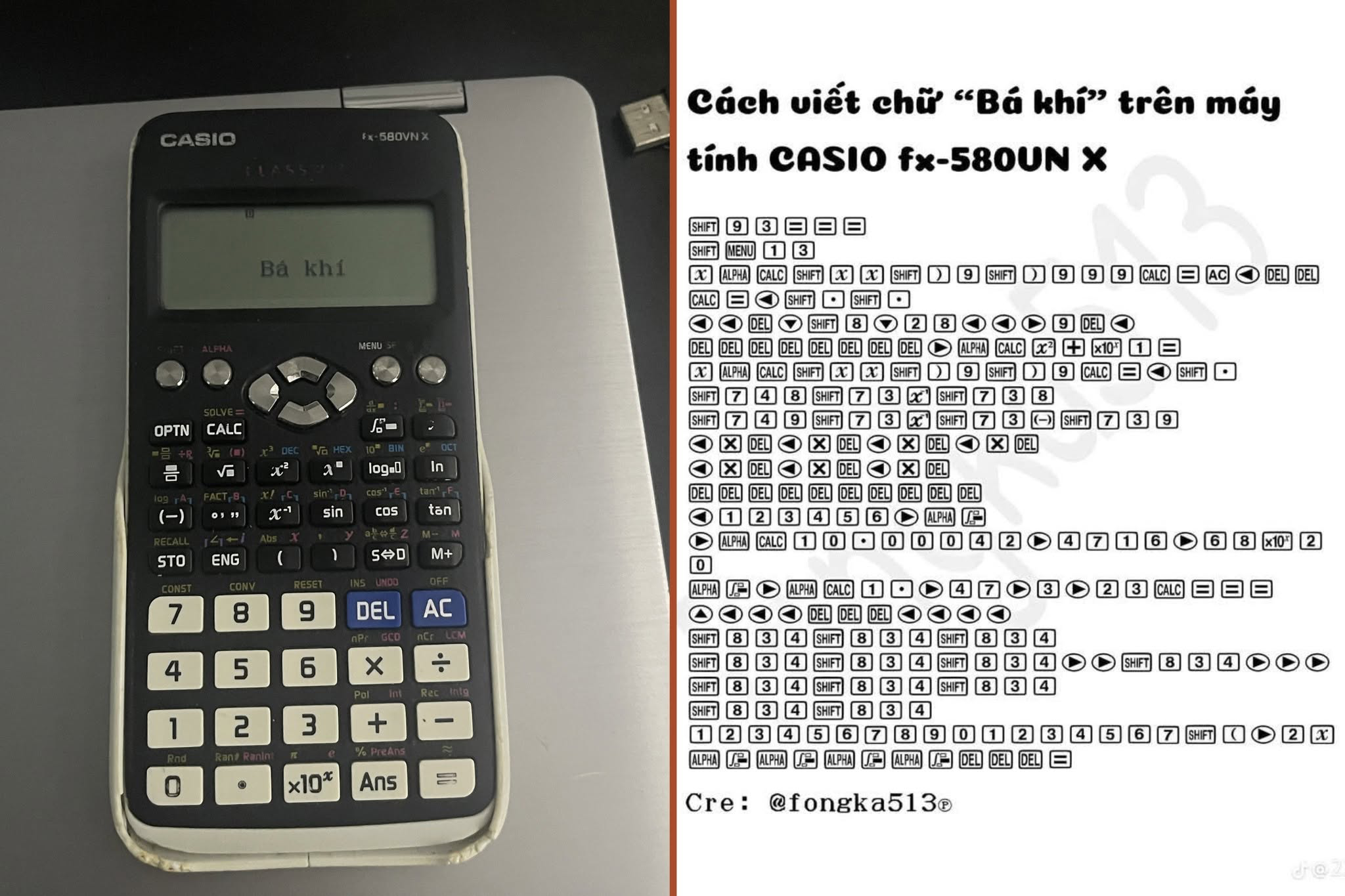 Casio fx-580VN X hiển thị “Bá khí” cạnh bảng tổ hợp phím hướng dẫn.