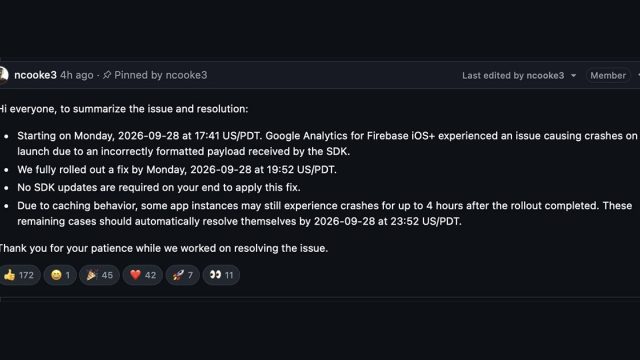 Ảnh chụp thông báo giải quyết sự cố Firebase iOS trên GitHub của kỹ sư Google