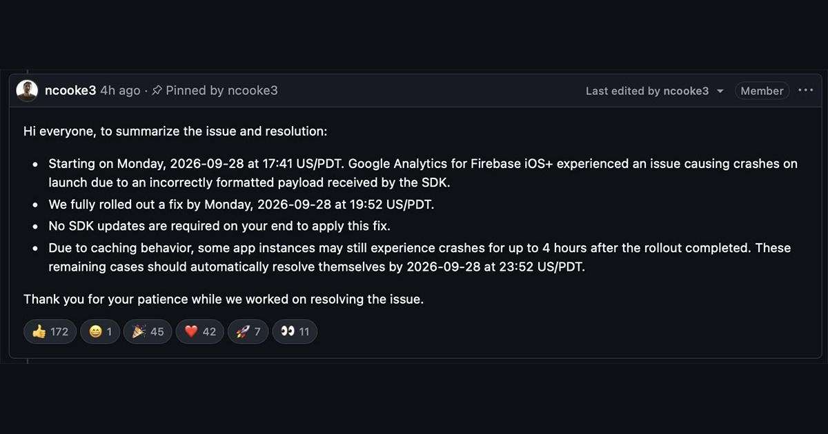 Ảnh chụp thông báo giải quyết sự cố Firebase iOS trên GitHub của kỹ sư Google