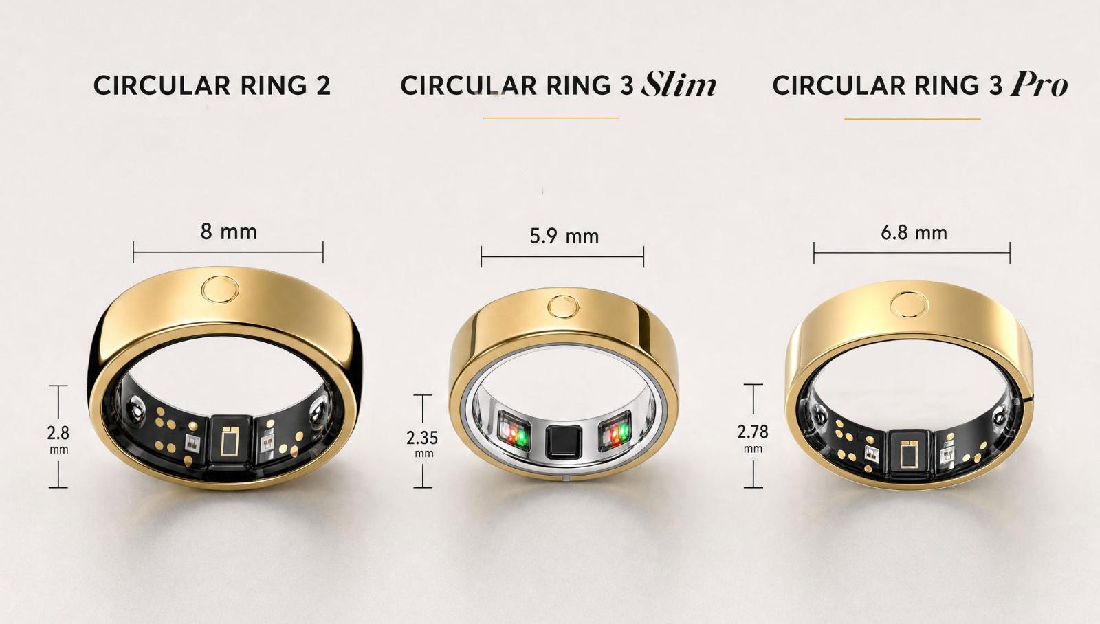 So sánh độ dày và kích thước giữa Circular Ring 2, Ring 3 Slim và Ring 3 Pro