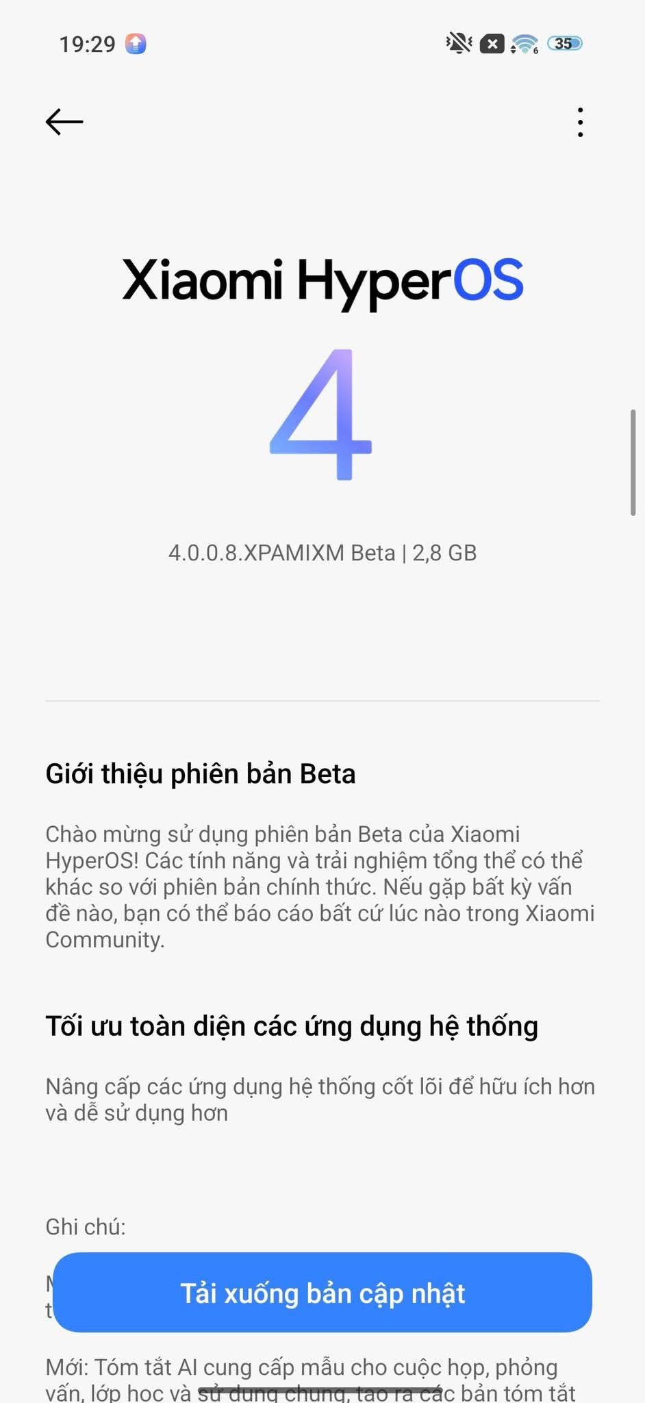 Giao diện cập nhật HyperOS 4 Beta qua OTA