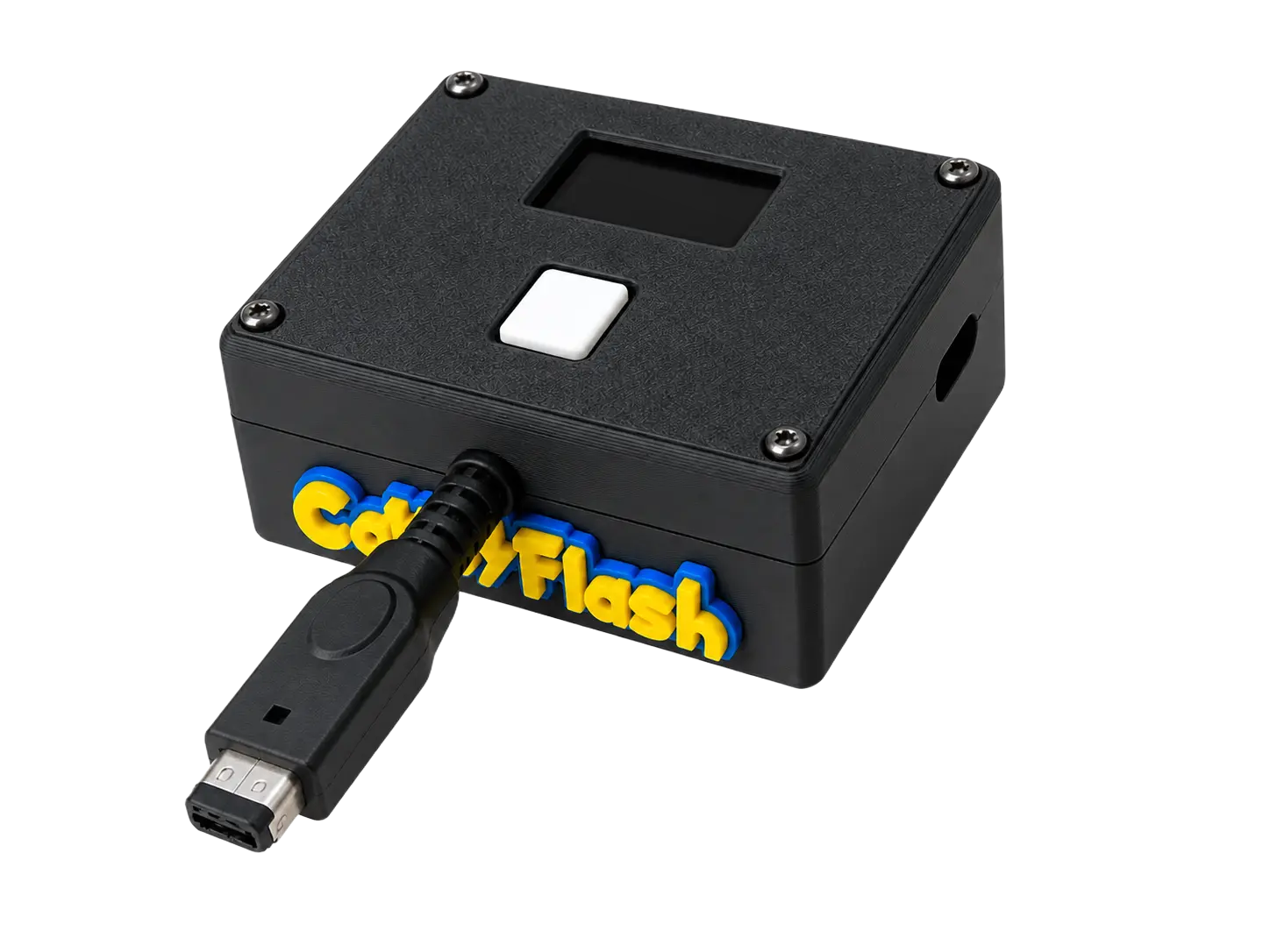 Phần cứng adapter CanoFlash với chip ESP32-S3 và màn hình OLED nhỏ hiển thị trạng thái kết nối