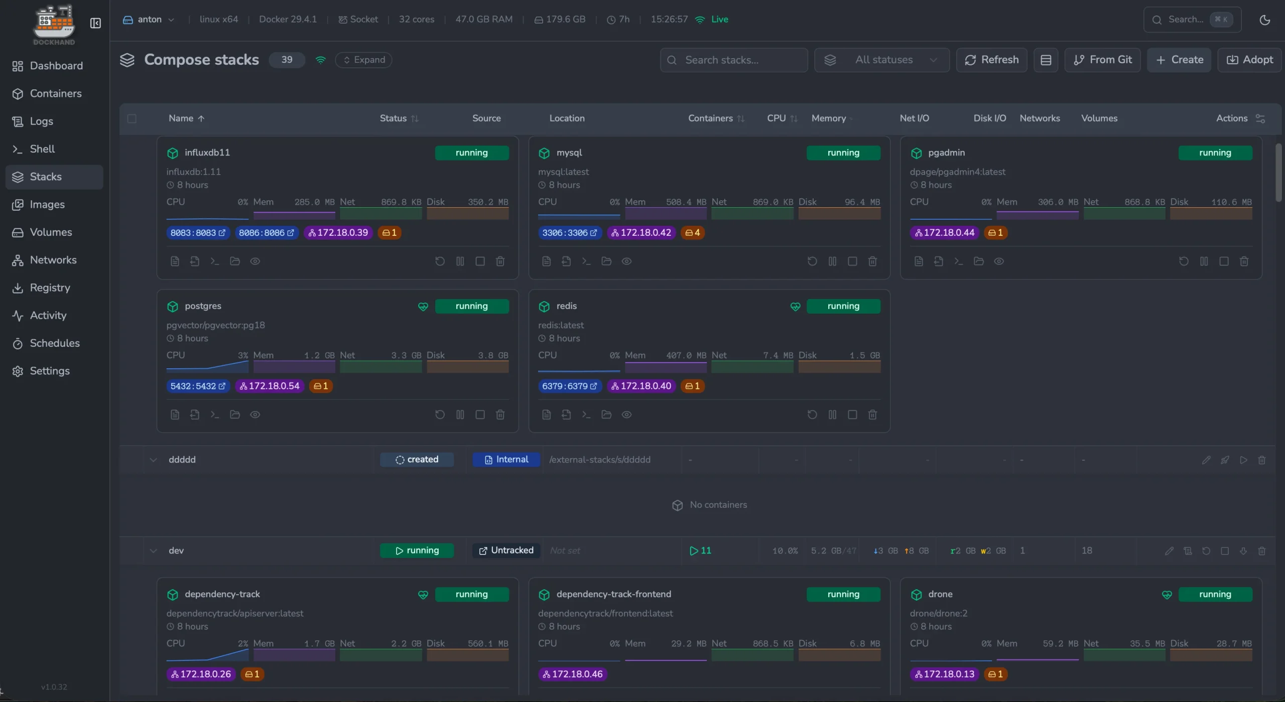 Giao diện Compose stacks Dockhand