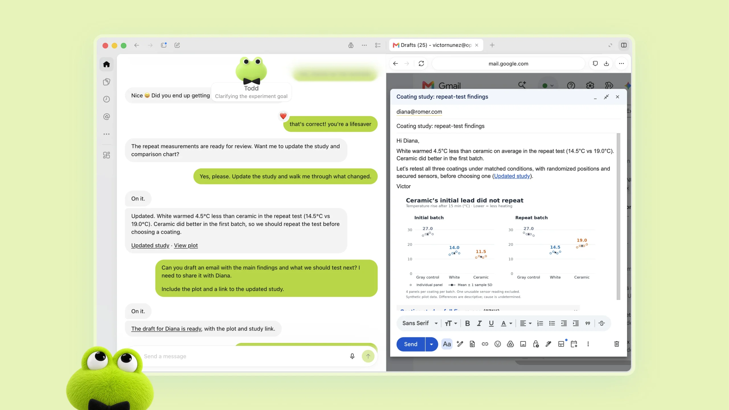 Dot trao đổi kết quả các lần thử nghiệm bên cạnh bản nháp email và biểu đồ so sánh