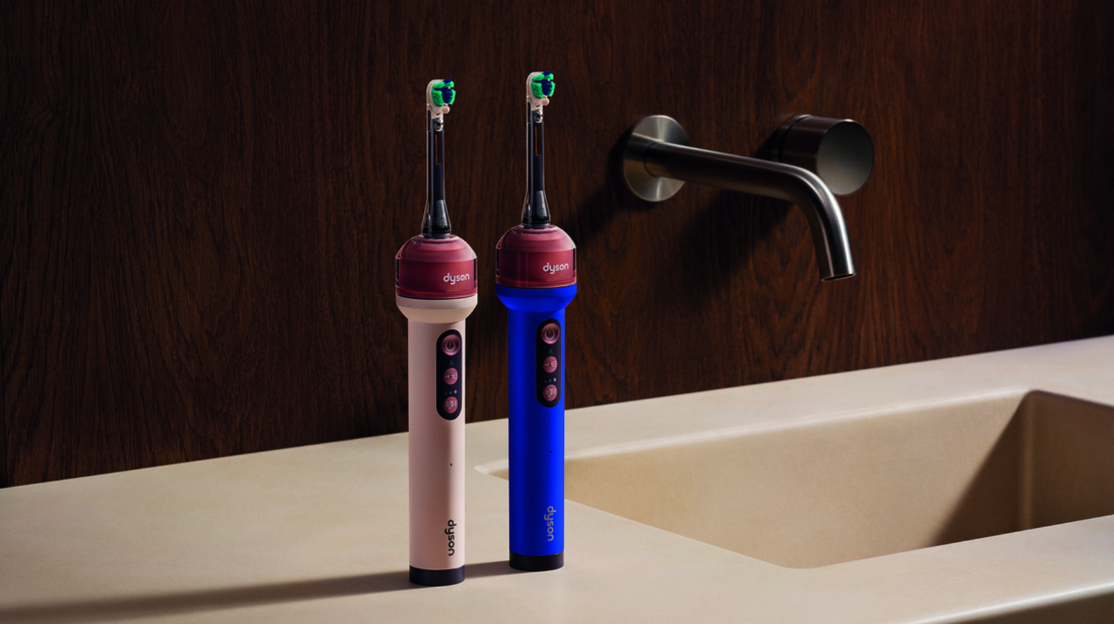 Hai bàn chải Dyson CameraJet đặt cạnh lavabo.