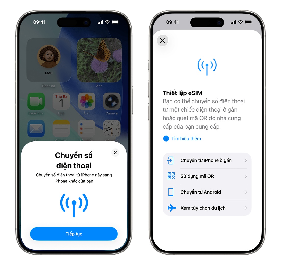 Giao diện chuyển đổi eSIM Transfer trực tiếp giữa hai iPhone trên iOS