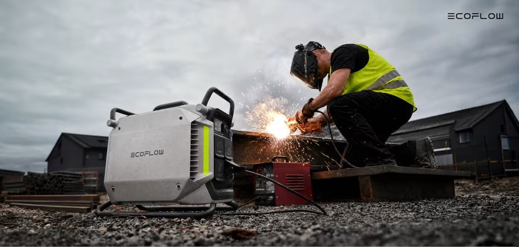 Trạm năng lượng di động công nghiệp EcoFlow PowerRock 4000 cấp điện cho máy hàn tại công trường