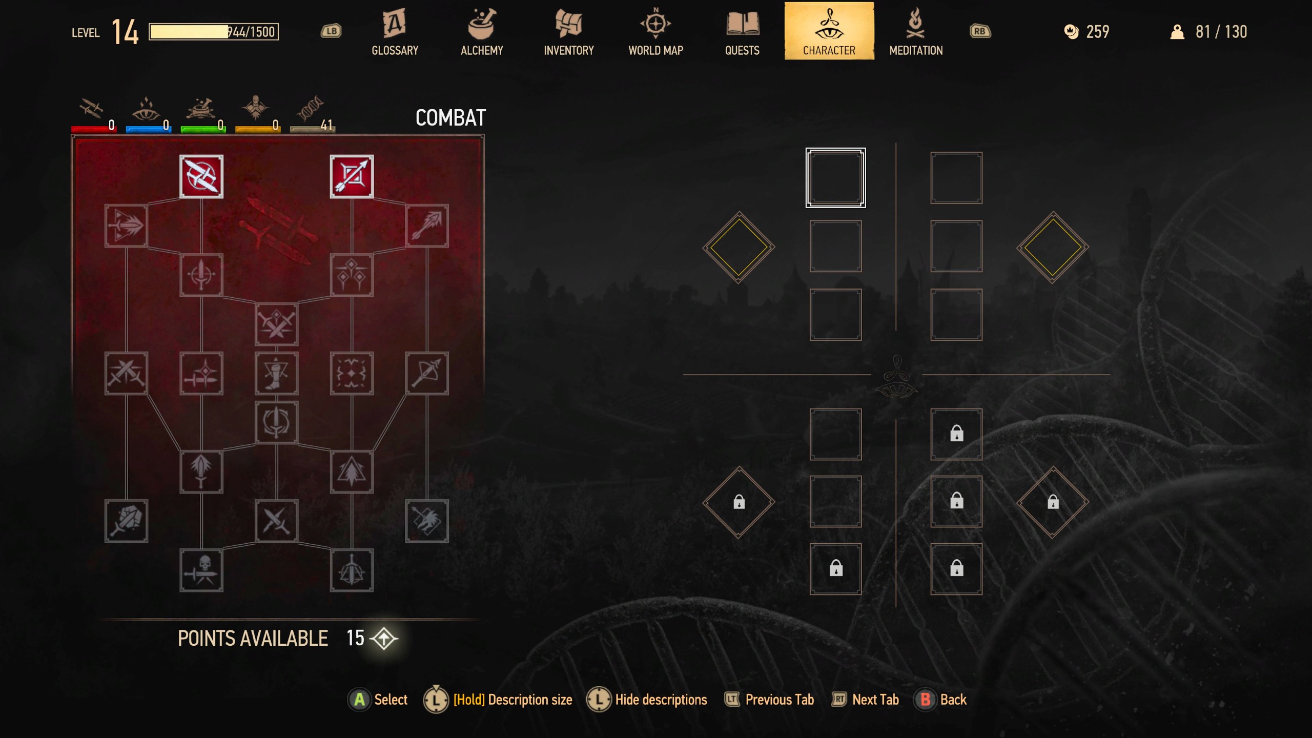 Giao diện cây kỹ năng Character menu nhánh Combat trong The Witcher 3 Remastered.