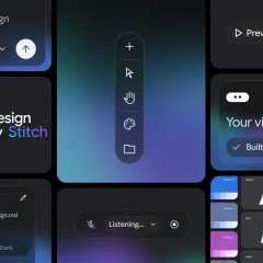 Giao diện công cụ thiết kế Google Stitch với các tùy chọn công cụ và hệ thống thiết kế
