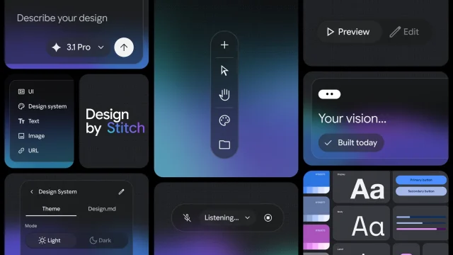 Giao diện công cụ thiết kế Google Stitch với các tùy chọn công cụ và hệ thống thiết kế