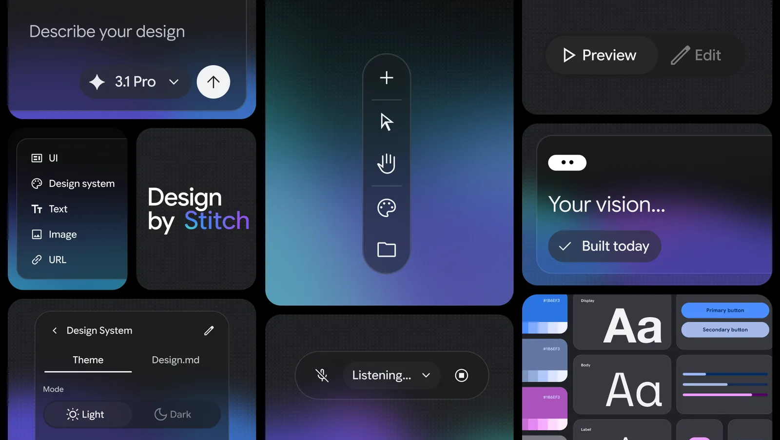 Giao diện công cụ thiết kế Google Stitch với các tùy chọn công cụ và hệ thống thiết kế