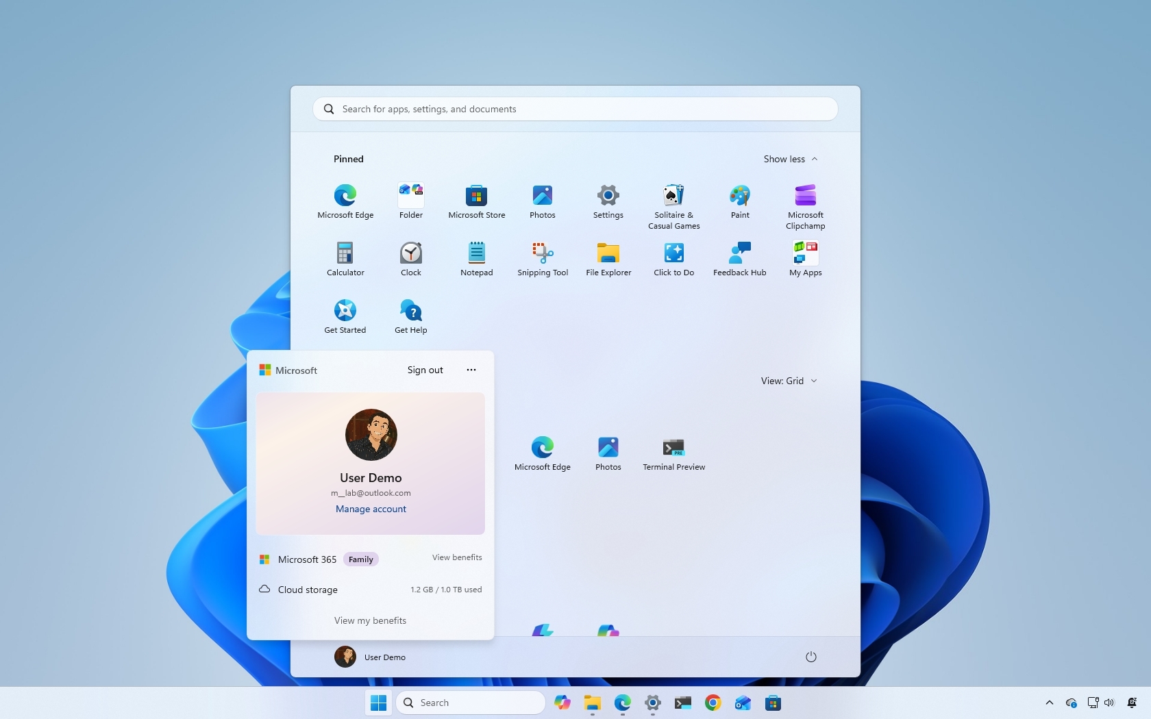 Giao diện Start menu với giao diện quản lý tài khoản