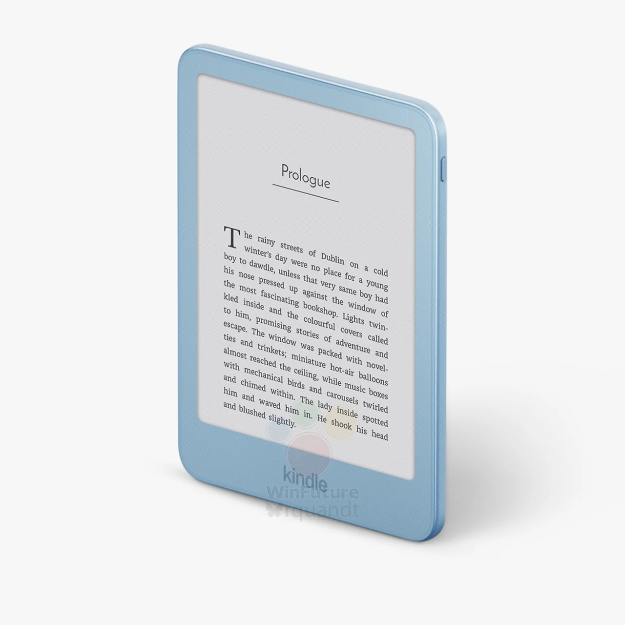 Ảnh góc nghiêng Amazon Kindle thế hệ 12 màu xanh cho thấy nút nguồn ở cạnh trên bên phải