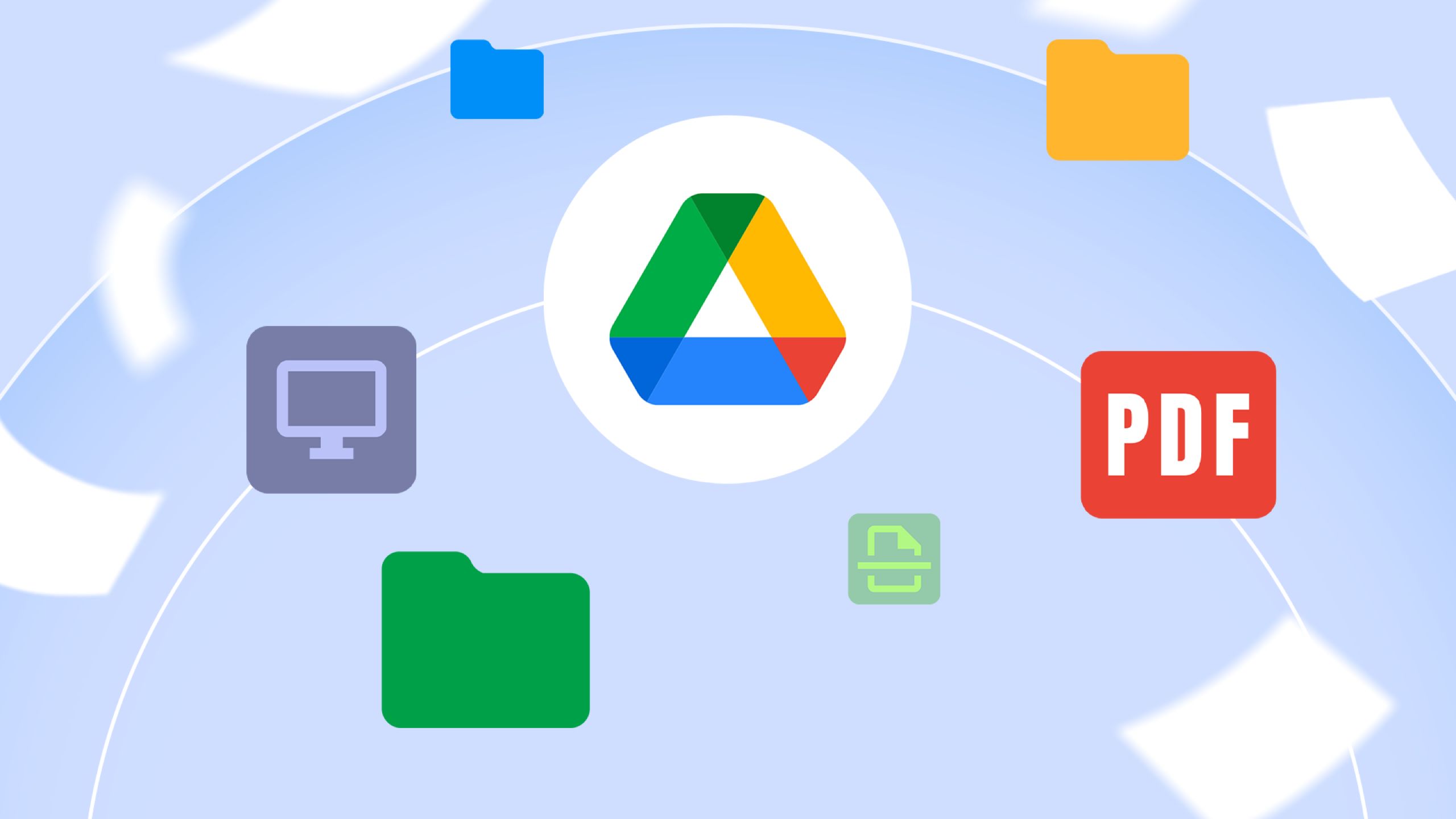 Logo Google Drive cùng các tài liệu minh họa ứng dụng lưu trữ đám mây