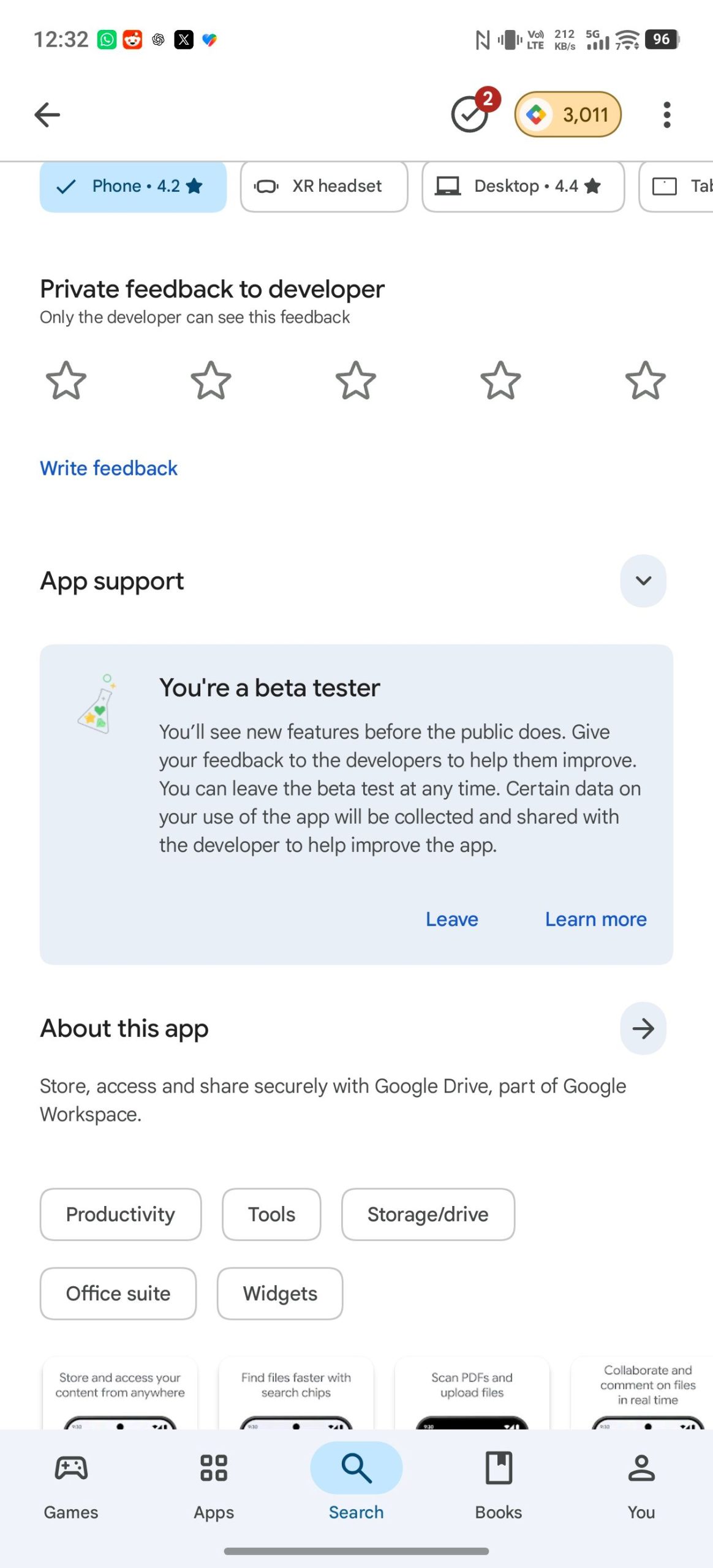Ảnh chụp màn hình hiển thị trạng thái bạn là người thử nghiệm beta cho ứng dụng Google Drive trên Play Store