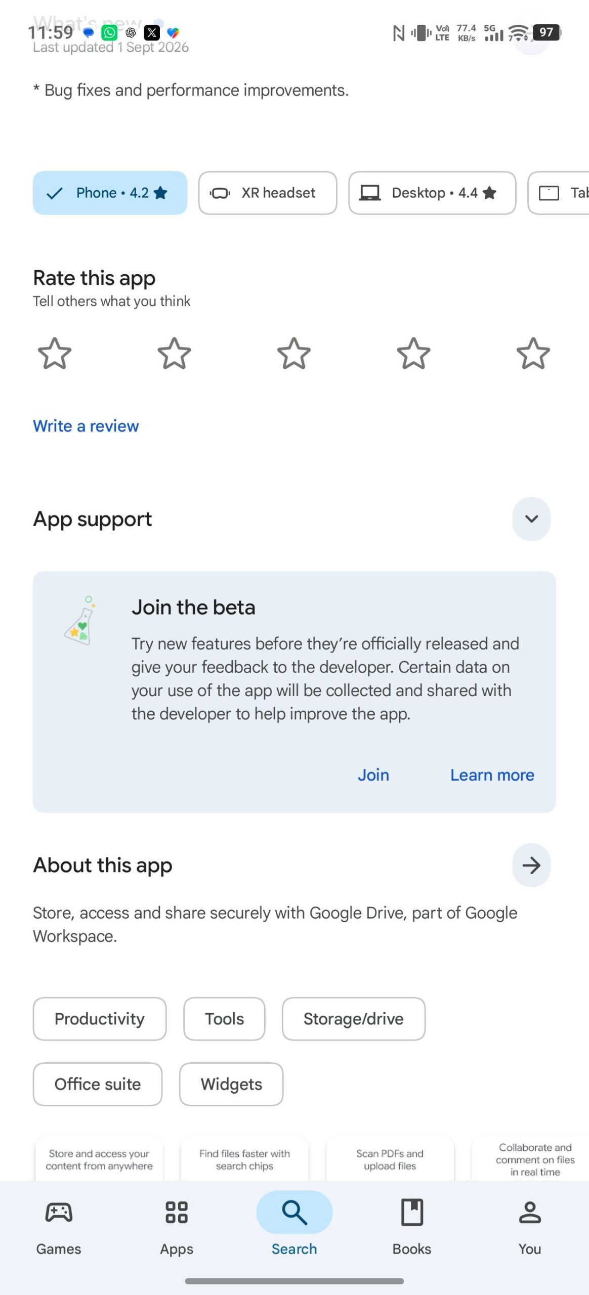 Ảnh chụp màn hình trang Google Drive trên Google Play Store có nút tham gia chương trình beta