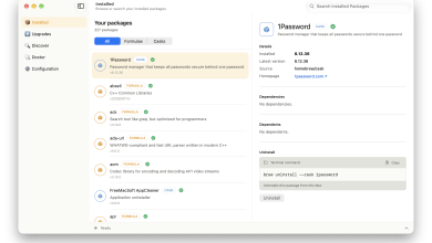 Giao diện đồ họa BrewUI trên macOS hỗ trợ duyệt và quản lý gói phần mềm Homebrew