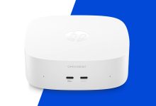 Toàn cảnh mini PC HP OmniDesk màu trắng nhỏ gọn