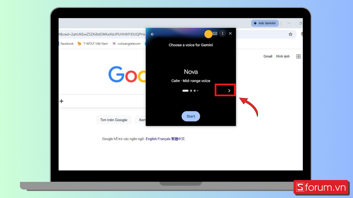 Tùy chọn Select voice trong giao diện Gemini Live trên máy tính