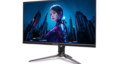 Màn hình gaming Acer Predator XB253Q U1 nhìn từ góc 3/4 với chân đỡ Predator màu xám