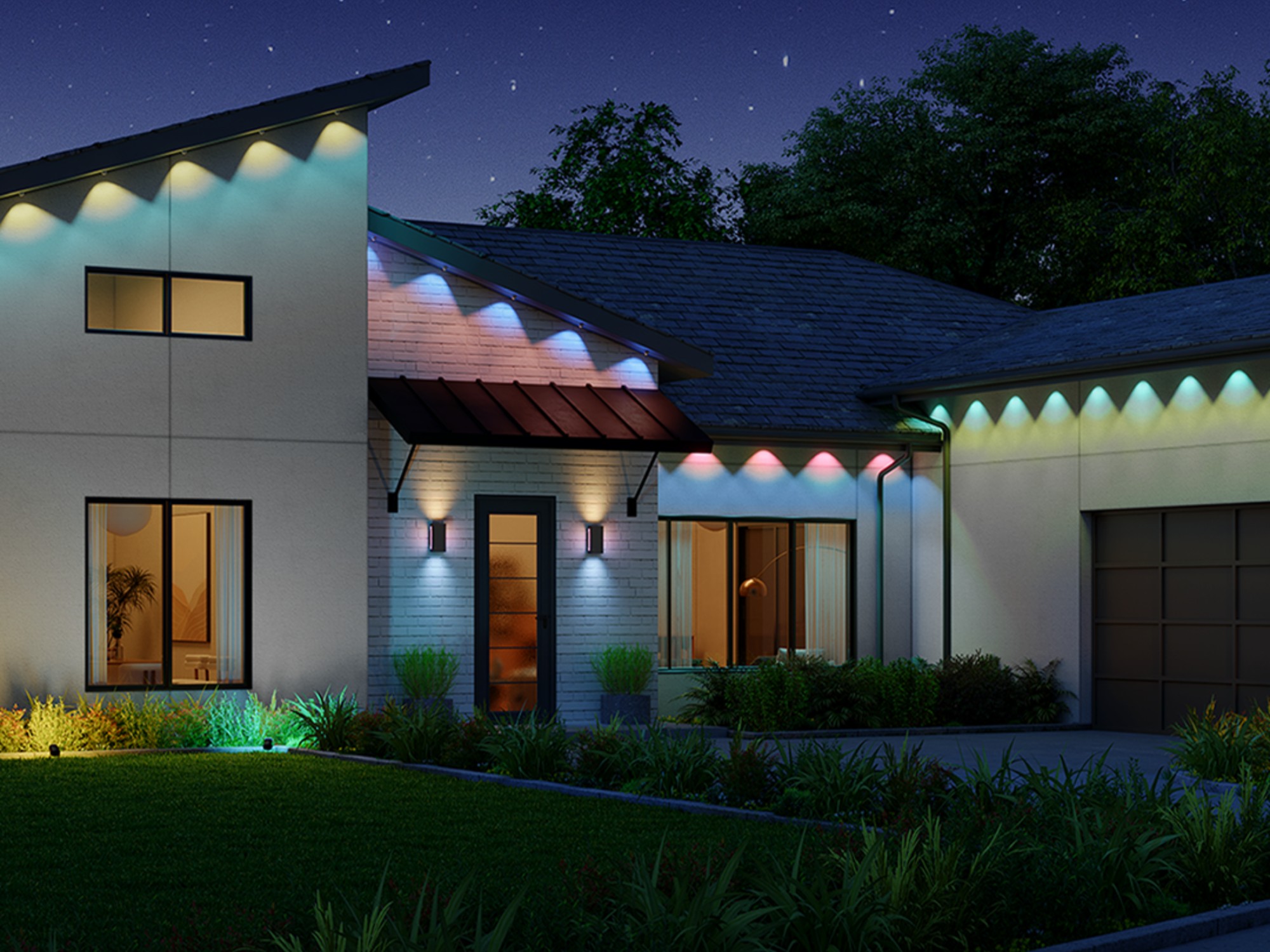 Phối cảnh lắp đặt đèn Govee Permanent Outdoor Lights 2 Pro trên thực tế mặt tiền ngôi nhà
