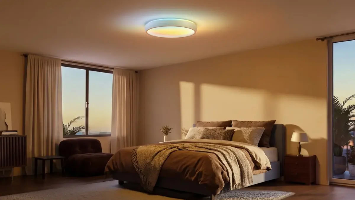 Cận cảnh đèn ốp trần Govee Sky Ceiling Light lắp đặt trên trần phòng khách