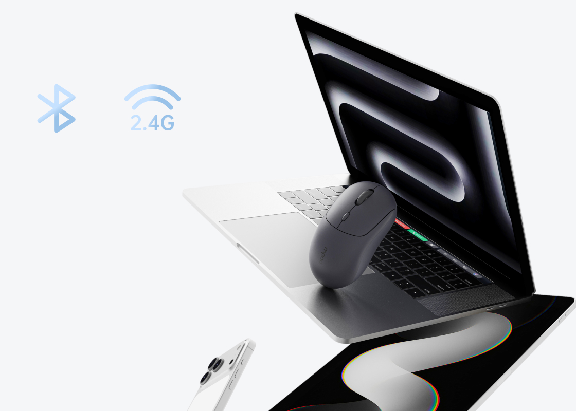 Chuột Rapoo M360 Smart hỗ trợ kết nối Bluetooth 5.0 và không dây 2.4GHz cạnh máy tính xách tay