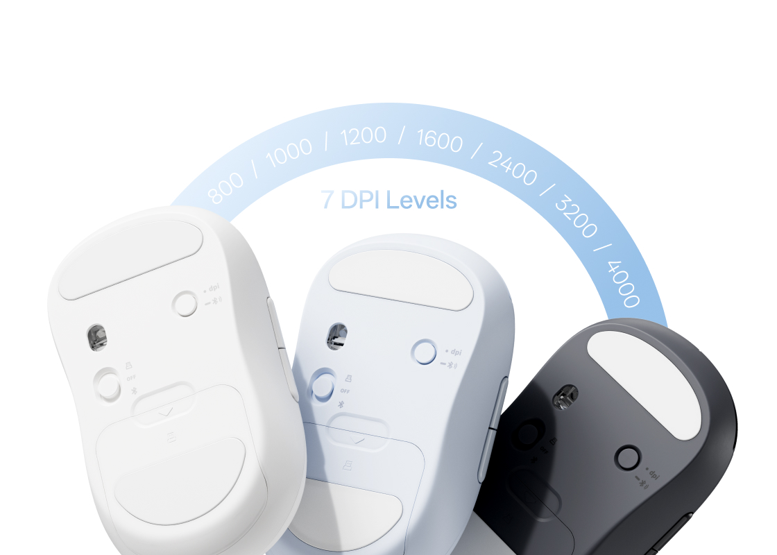 Mặt đáy ba phiên bản màu của Rapoo M360 Smart hiển thị cảm biến quang học 7 mức DPI