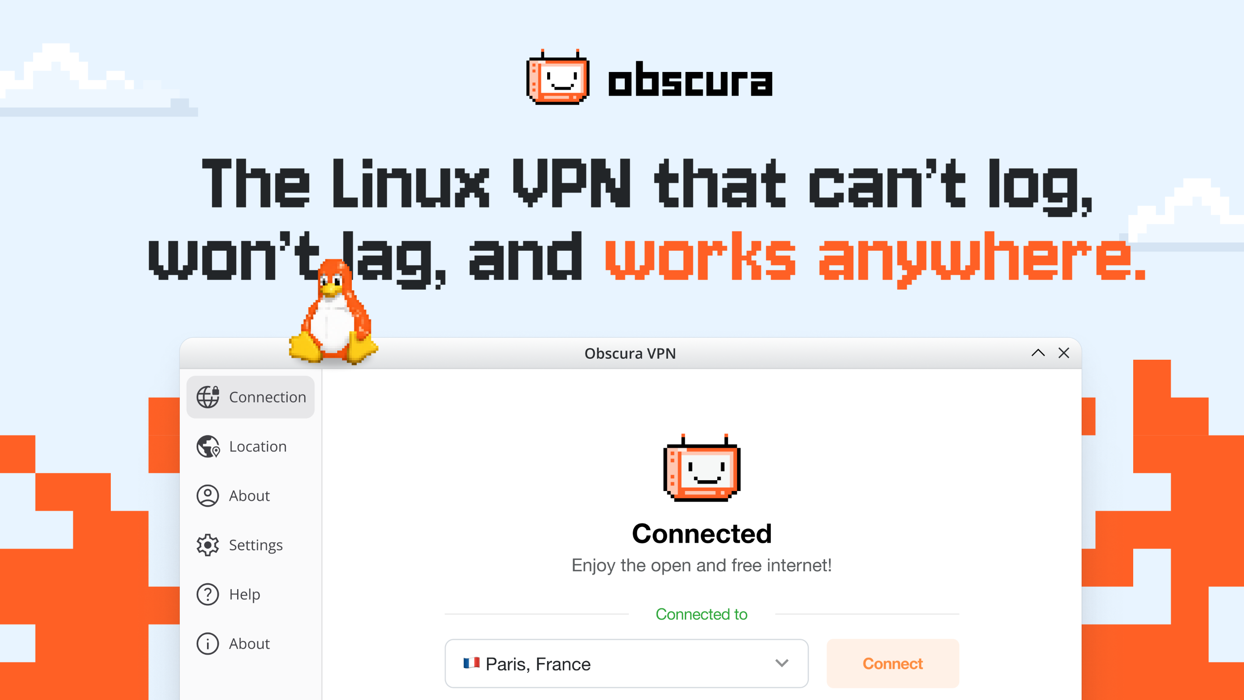 Giao diện ứng dụng Obscura VPN trên Linux