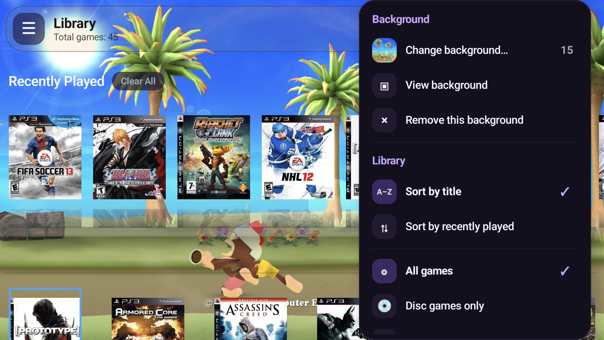 Thư viện game ARMSX3 với theme PS3 hoạt họa làm hình nền