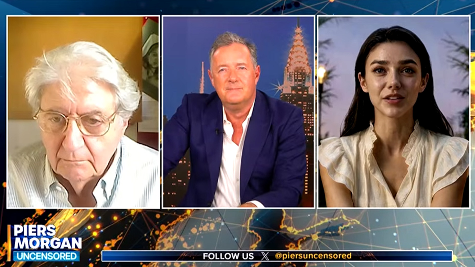 Tilly Norwood xuất hiện cùng Piers Morgan và Tom Conti trong buổi phỏng vấn