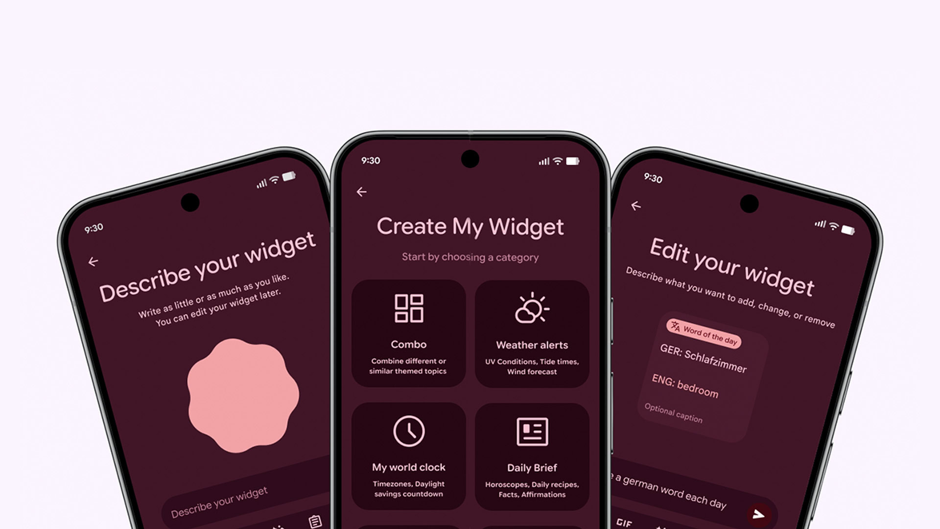 Ba màn hình Create My Widget trên điện thoại Android