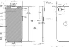 Bản vẽ kỹ thuật iPhone nhìn từ mặt trước, cạnh bên và mặt lưng, có ghi kích thước.