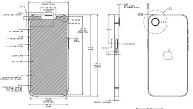Bản vẽ kỹ thuật iPhone nhìn từ mặt trước, cạnh bên và mặt lưng, có ghi kích thước.