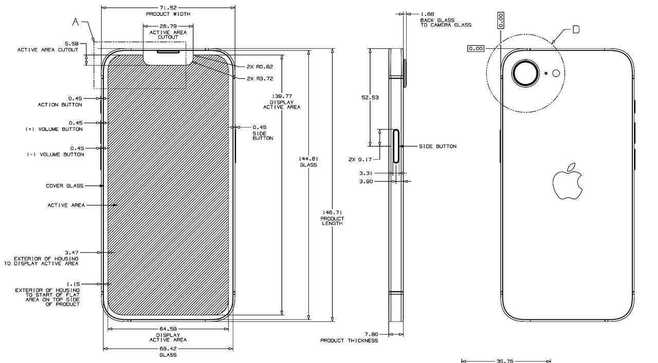 Bản vẽ kỹ thuật iPhone nhìn từ mặt trước, cạnh bên và mặt lưng, có ghi kích thước. Ảnh: Apple / Boing Boing