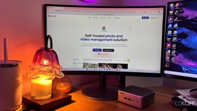 Màn hình giới thiệu phần mềm Immich cùng chiếc mini PC trên bàn