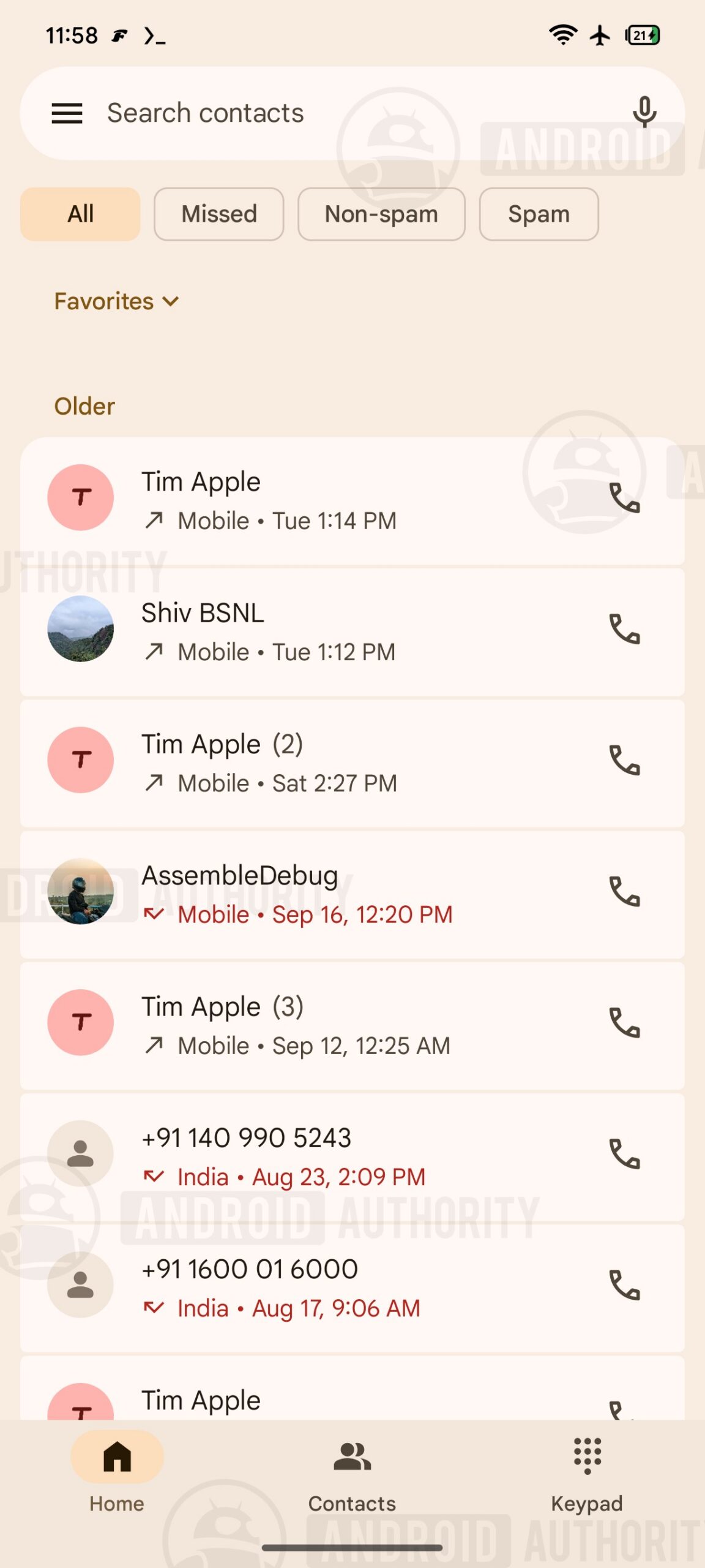 Ảnh chụp màn hình giao diện ứng dụng Phone by Google với ba tab Home, Contacts và Keypad ở thanh điều hướng dưới